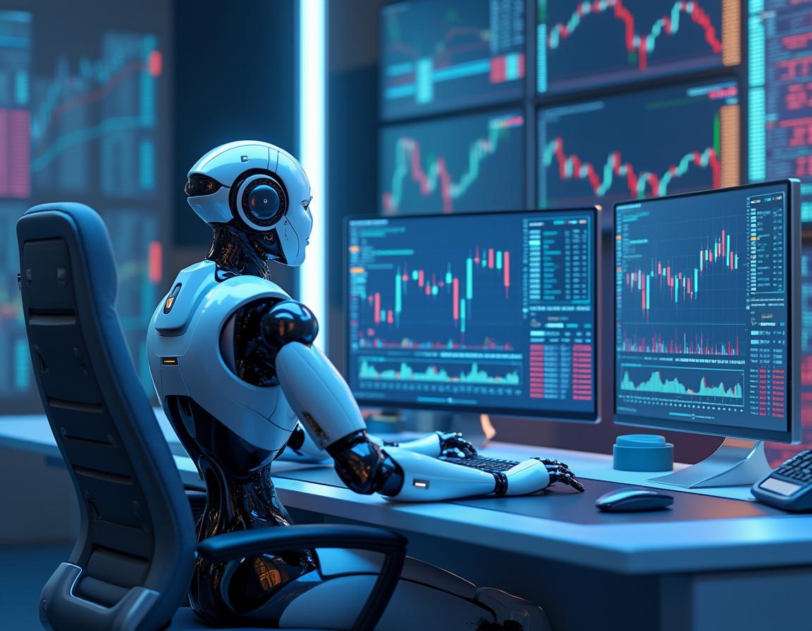 A humanoid AI trading bot at a high-tech workstation analyzes market data on multiple screens in a futuristic setting.