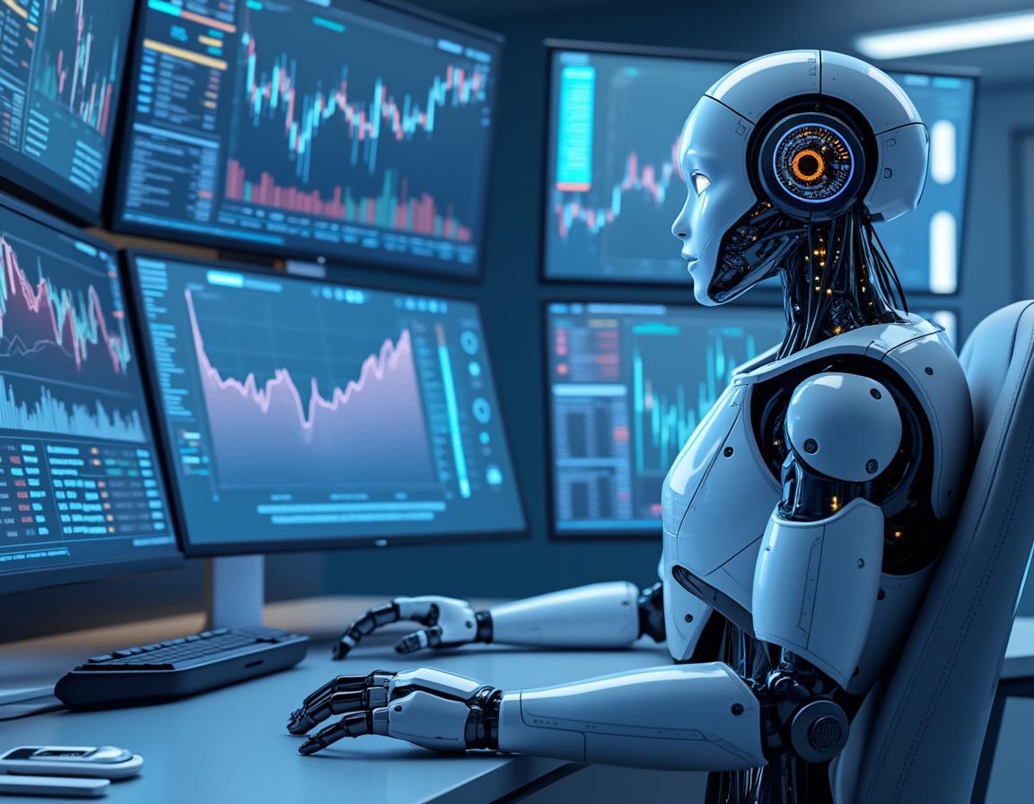 A sleek humanoid AI trading bot analyzes market data at a high-tech workstation with multiple screens.