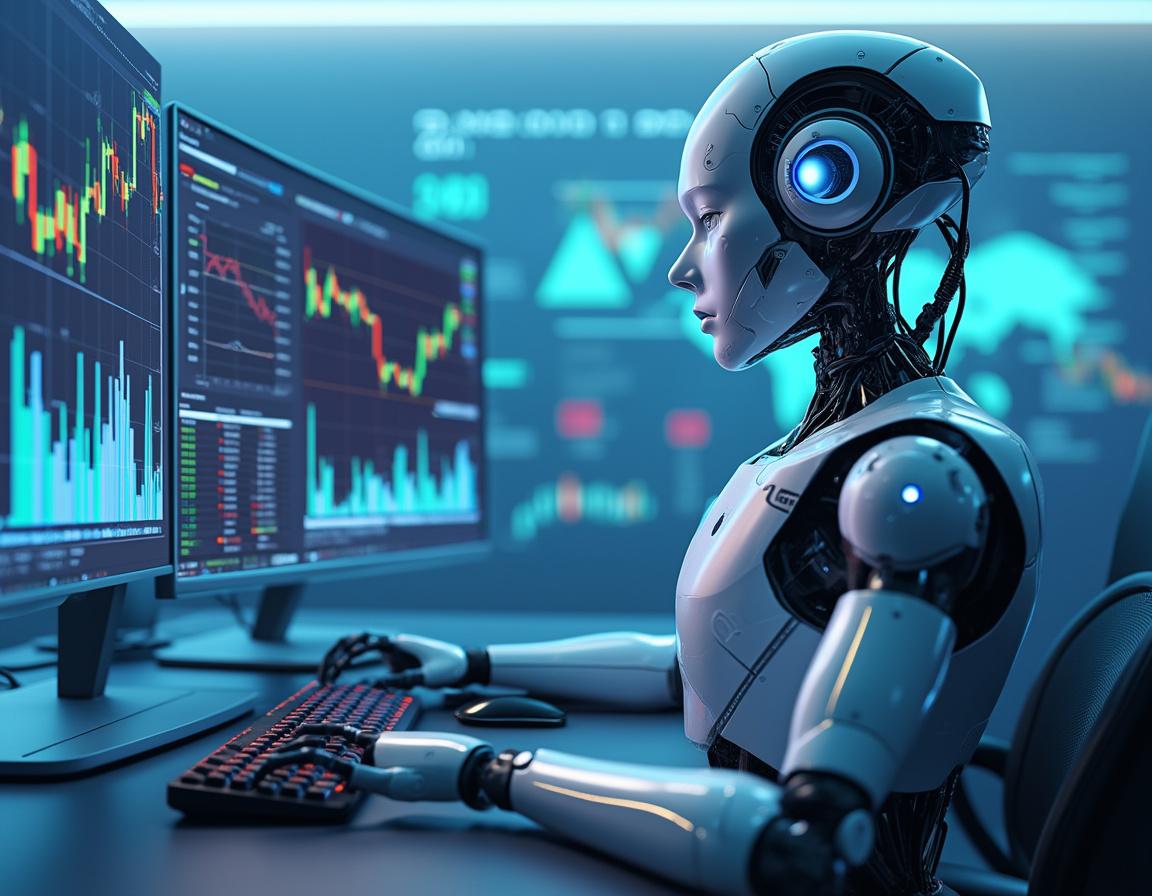 A humanoid AI trading bot analyzes market data at a futuristic workstation with multiple screens showing crypto trends.