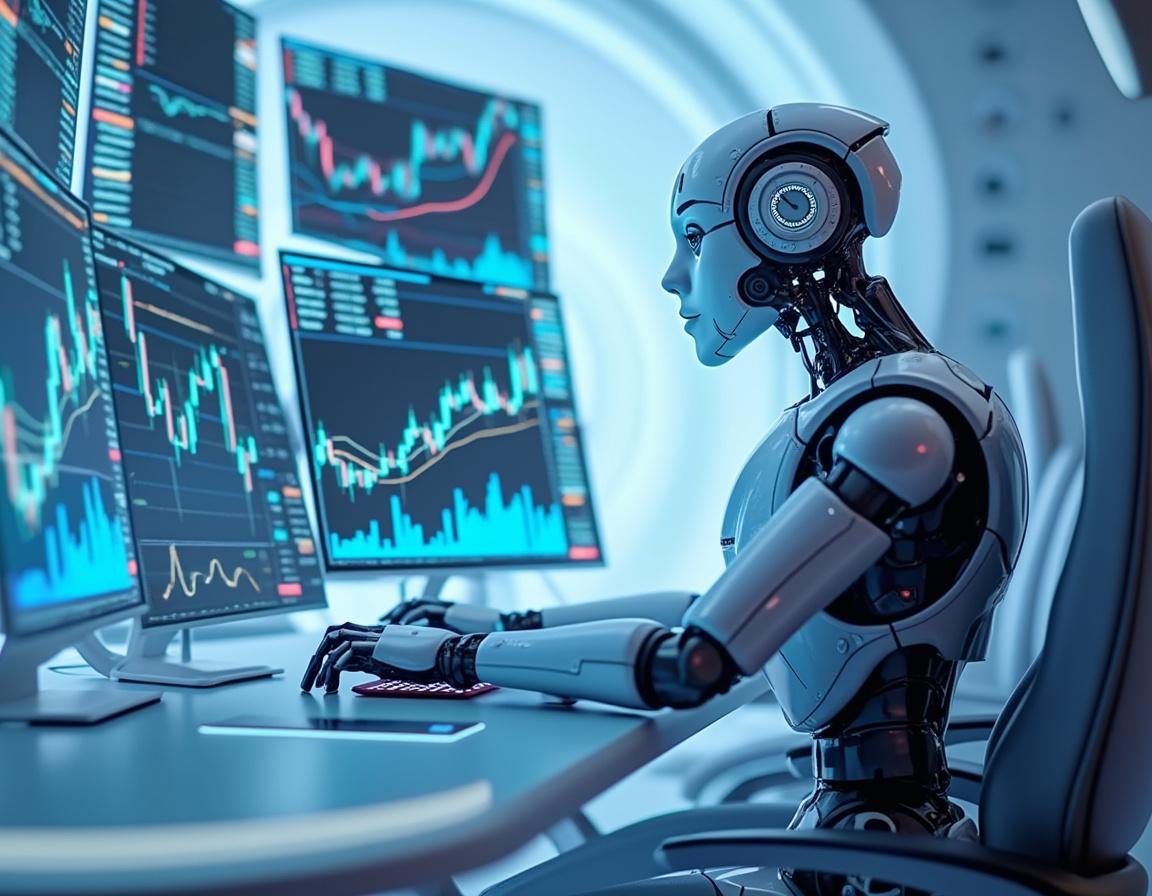Humanoid AI trading bot at workstation analyzing market data on multiple screens in a futuristic setting.
