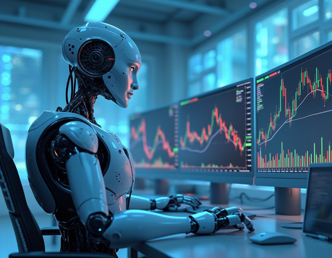 A humanoid AI trading bot analyzes market data at a high-tech workstation with multiple screens displaying charts.