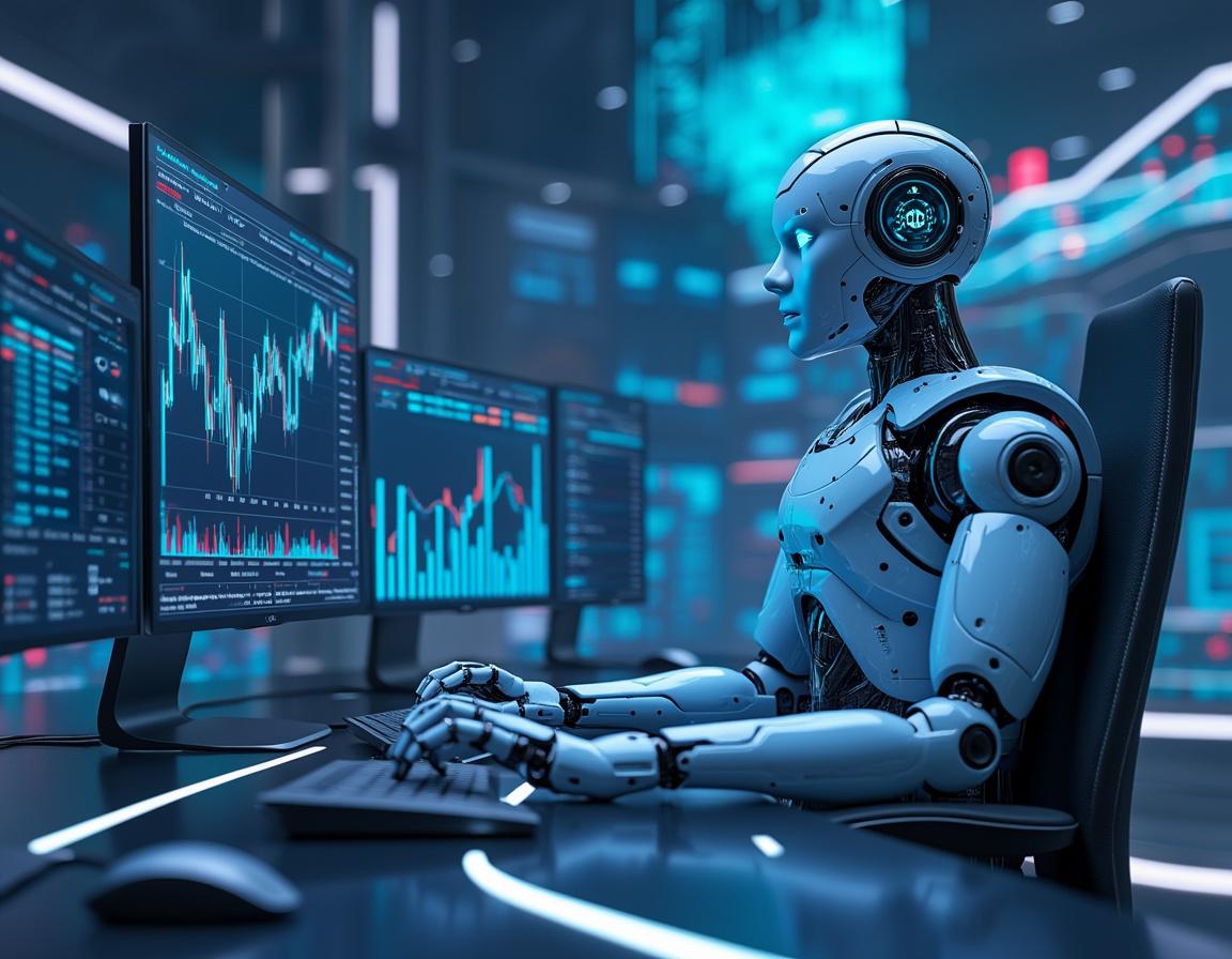 A humanoid AI trading bot at a high-tech workstation analyzing market data on multiple screens in a futuristic setting.