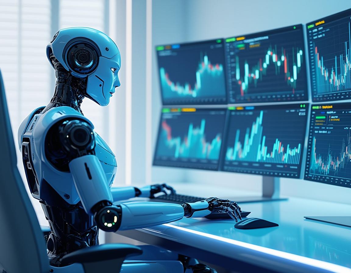 A humanoid AI trading bot analyzes market data at a high-tech workstation with multiple screens showing stock trends.