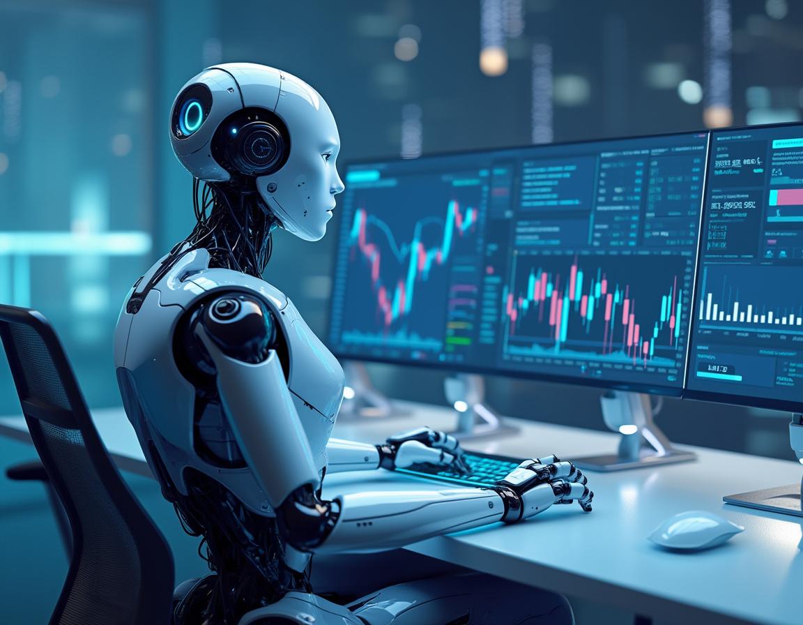 A humanoid AI trading bot at a high-tech workstation analyzes market data on multiple screens in a futuristic setting.