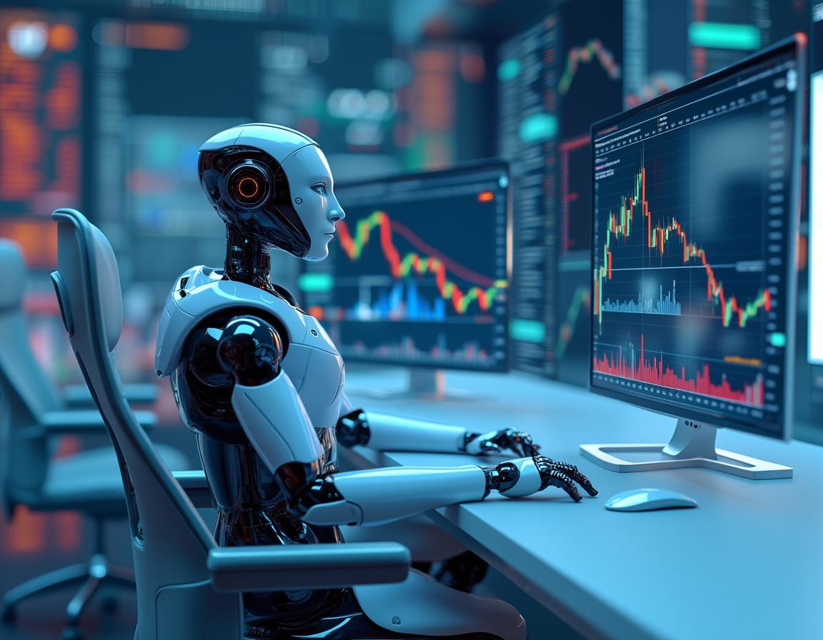 A humanoid AI trading bot analyzes market data at a high-tech workstation with multiple screens.