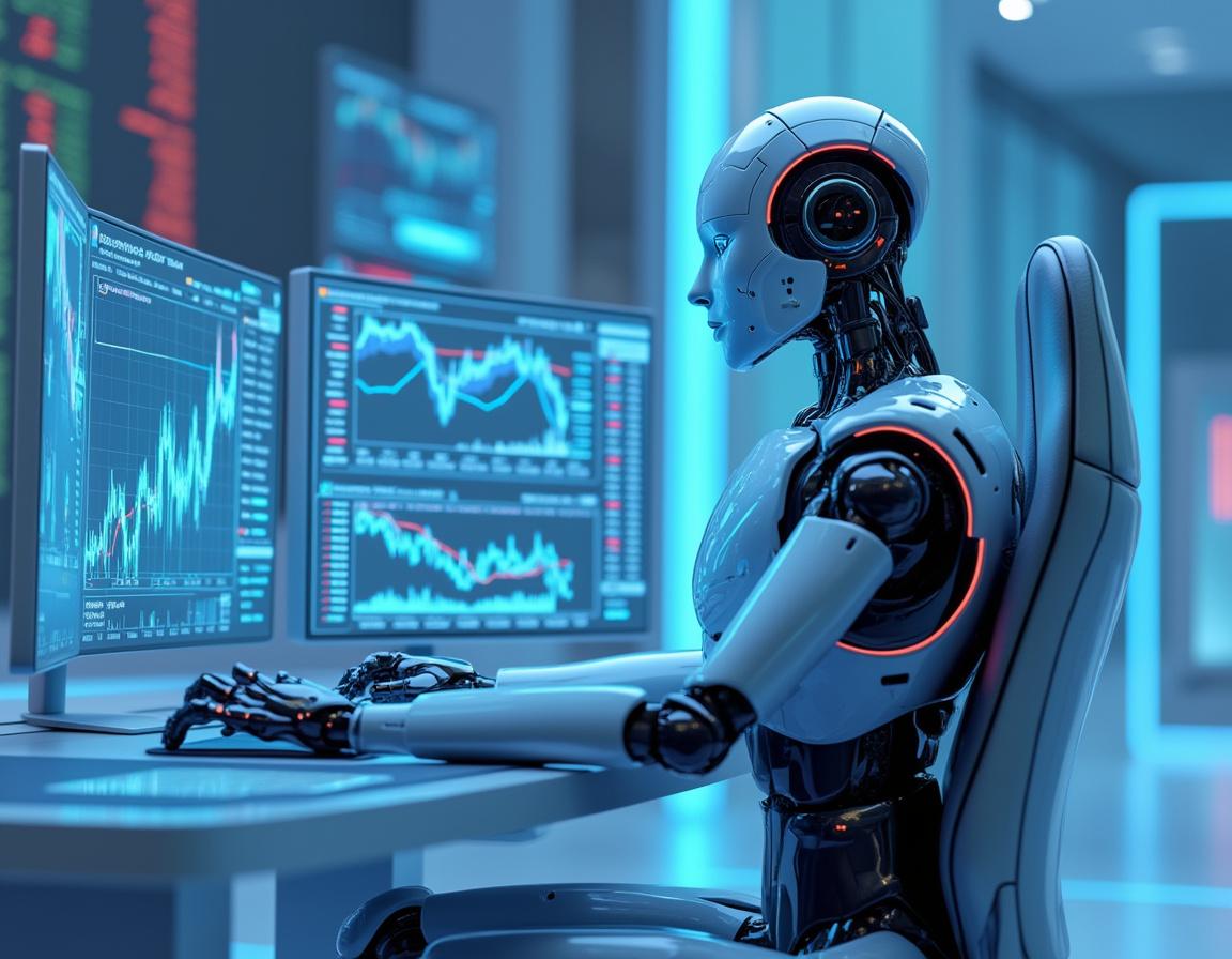 A futuristic AI trading bot at a sleek workstation, analyzing data across multiple market screens.