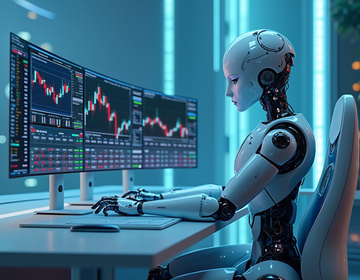 A hyper-realistic AI trading bot operates in a futuristic environment with multiple data screens.