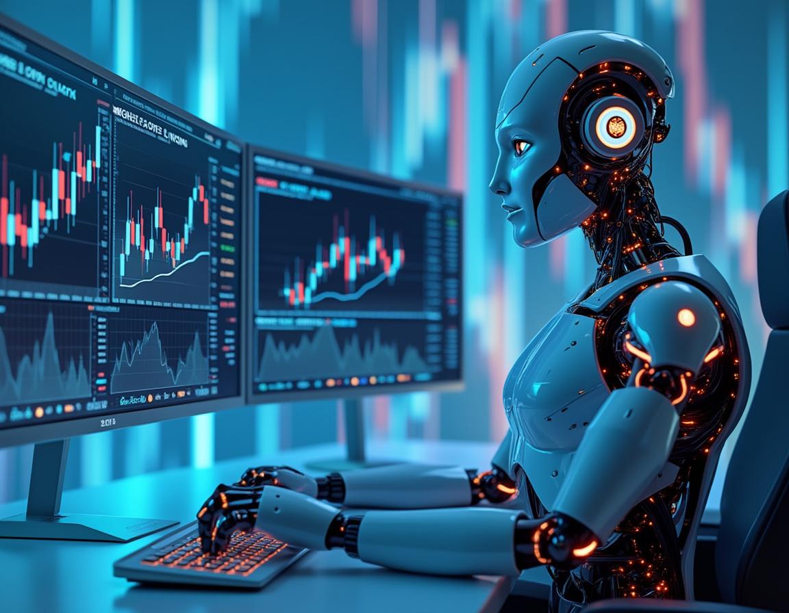 A humanoid AI trading bot at a high-tech workstation, analyzing market data on multiple screens.