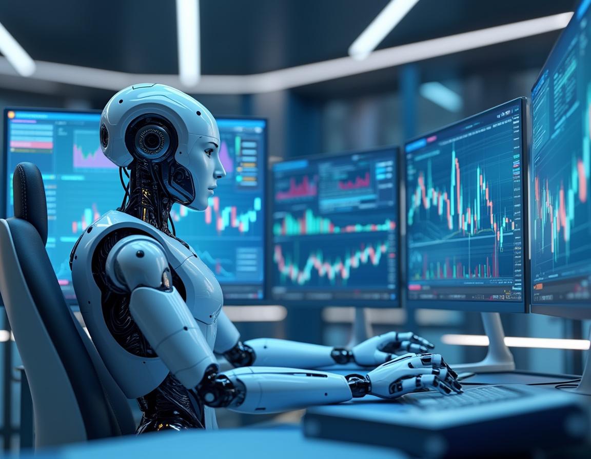 A hyper-realistic AI trading bot at a high-tech workstation analyzing market data on glowing screens.