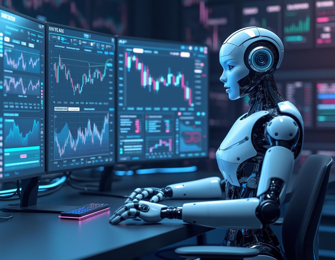 A hyper-realistic AI trading bot in a high-tech setting analyzing market data on multiple screens.