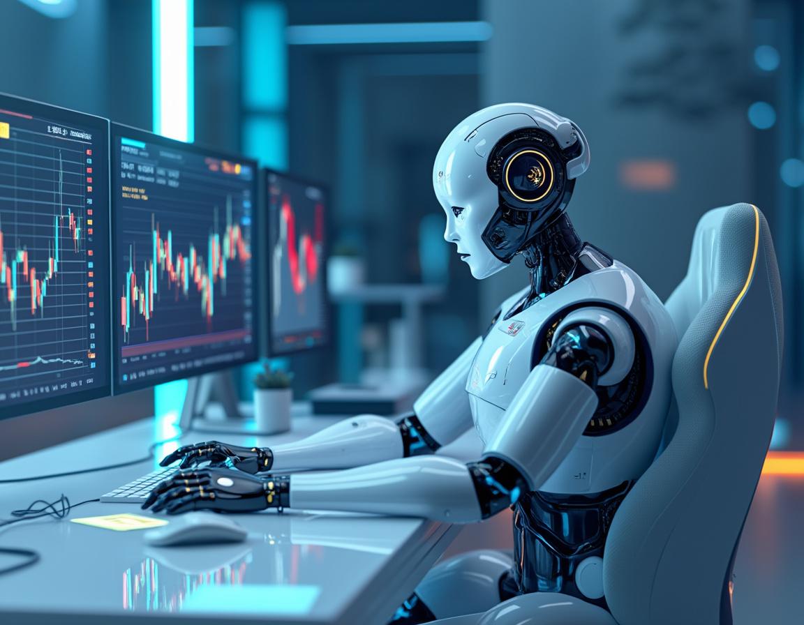 A humanoid AI trading bot at a high-tech workstation analyzing market data across multiple screens.