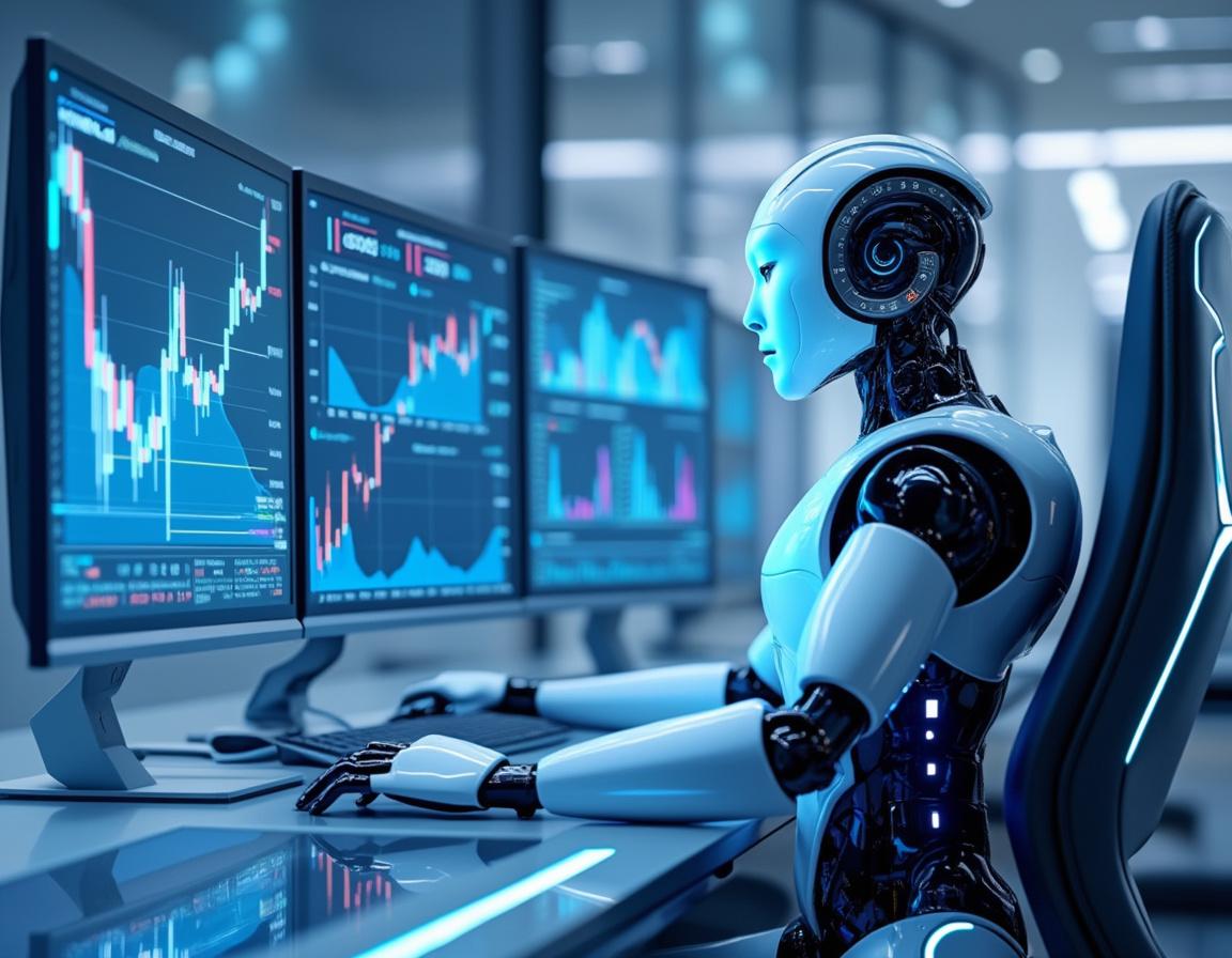 A humanoid AI trading bot at a high-tech workstation analyzing market data across multiple screens.