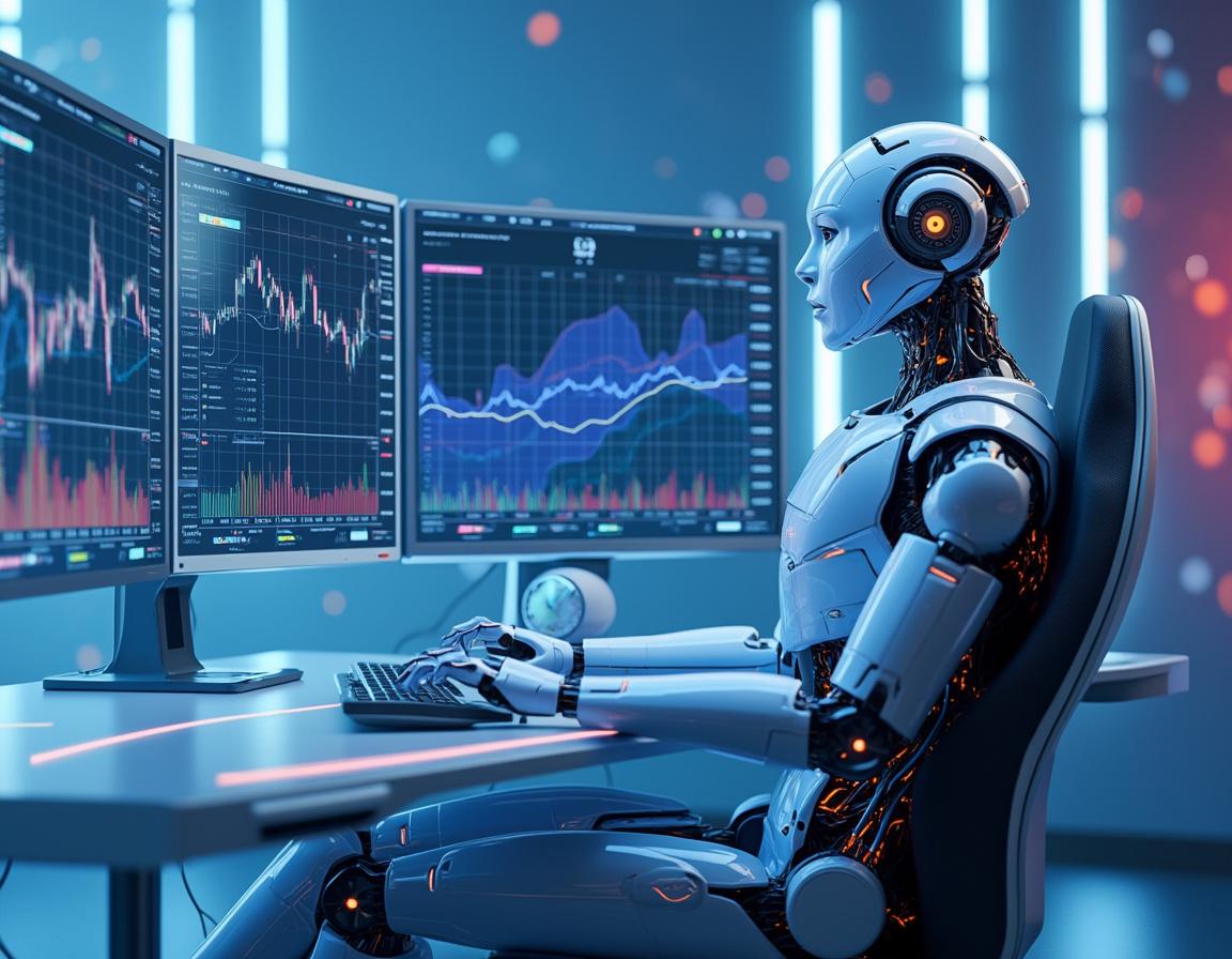A hyper-realistic AI trading bot analyzing data at a futuristic workstation surrounded by screens.