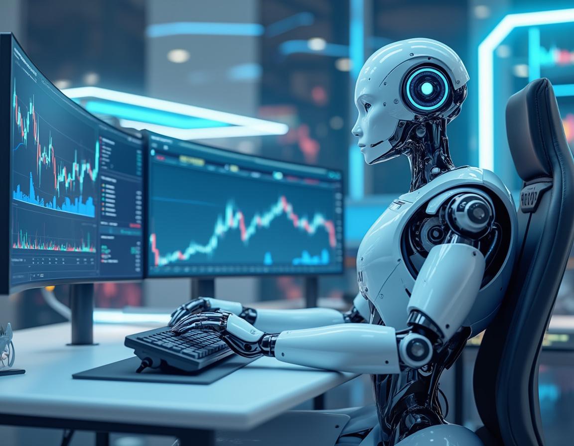 A humanoid AI trading bot at a futuristic workstation analyzes market data across multiple screens displaying charts.