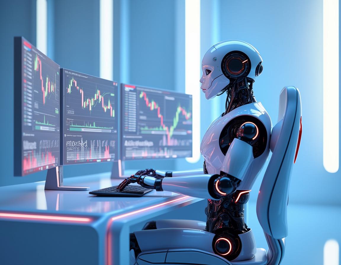 Hyper-realistic AI trading bot at workstation, analyzing data on screens in futuristic financial environment.