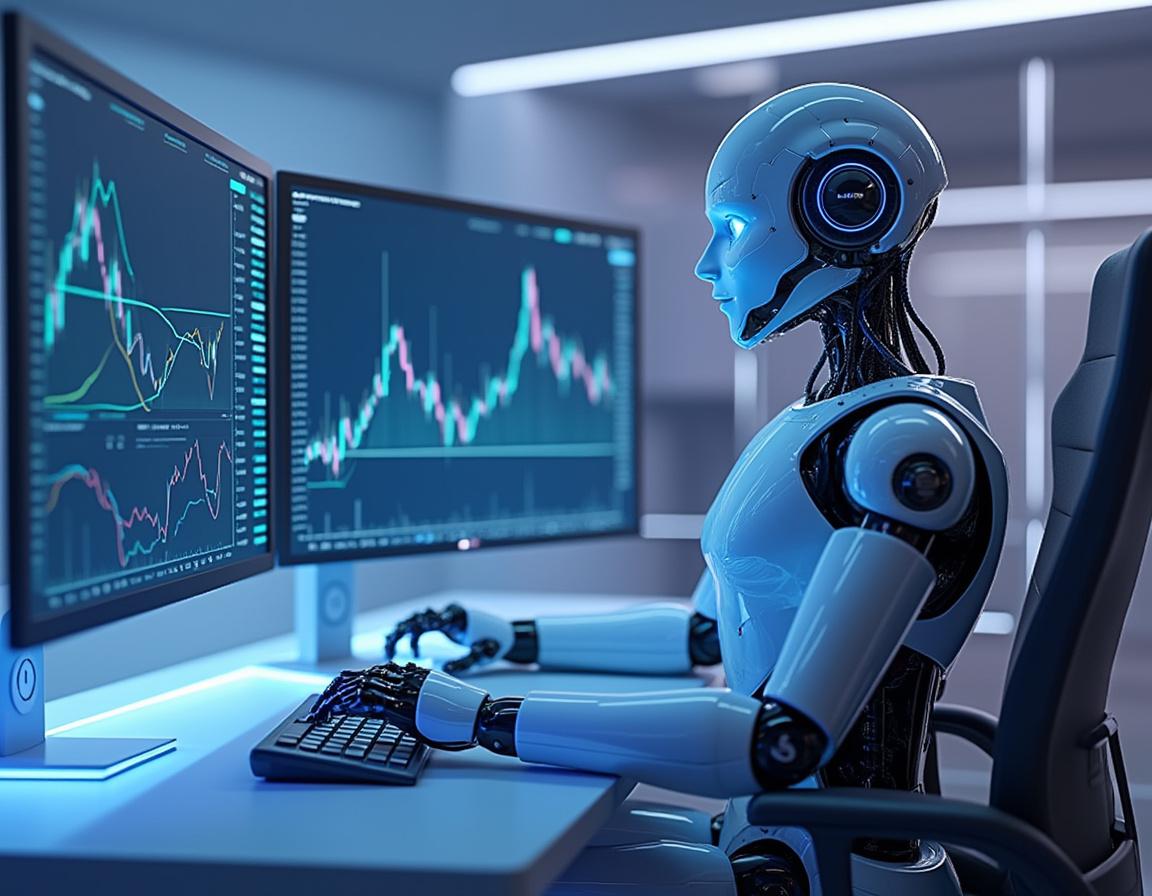 A hyper-realistic AI trading bot analyzes data in a futuristic workstation with glowing screens.