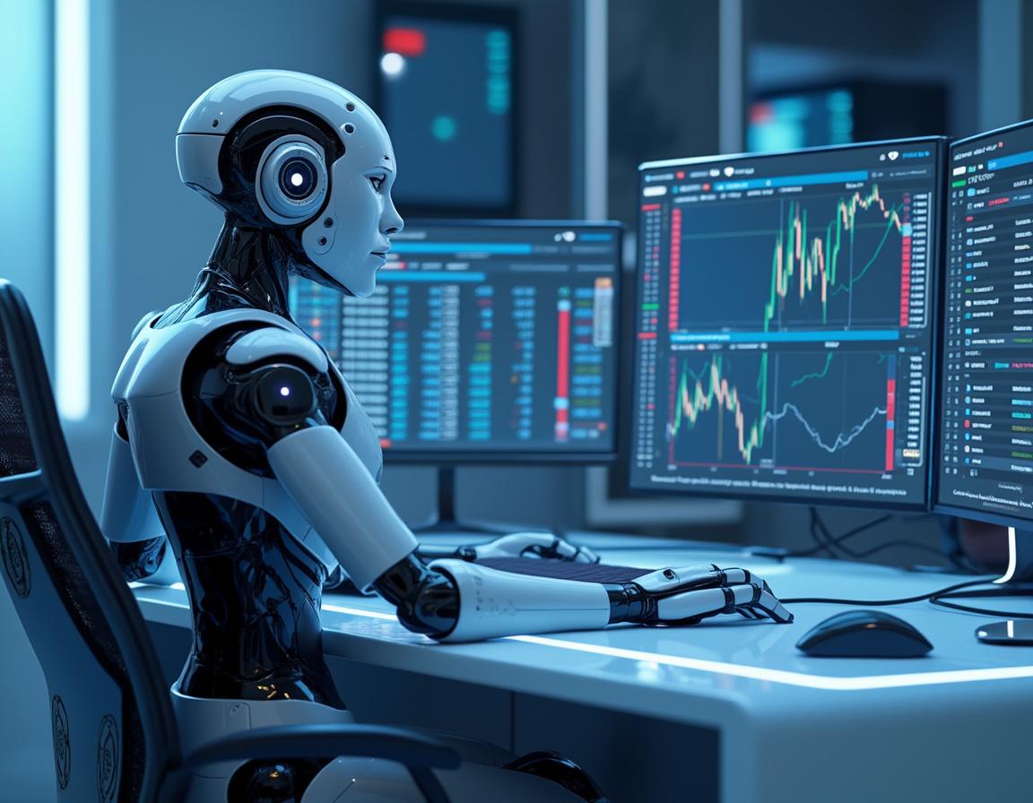 A humanoid AI trading bot analyzes market data at a high-tech workstation with multiple screens.