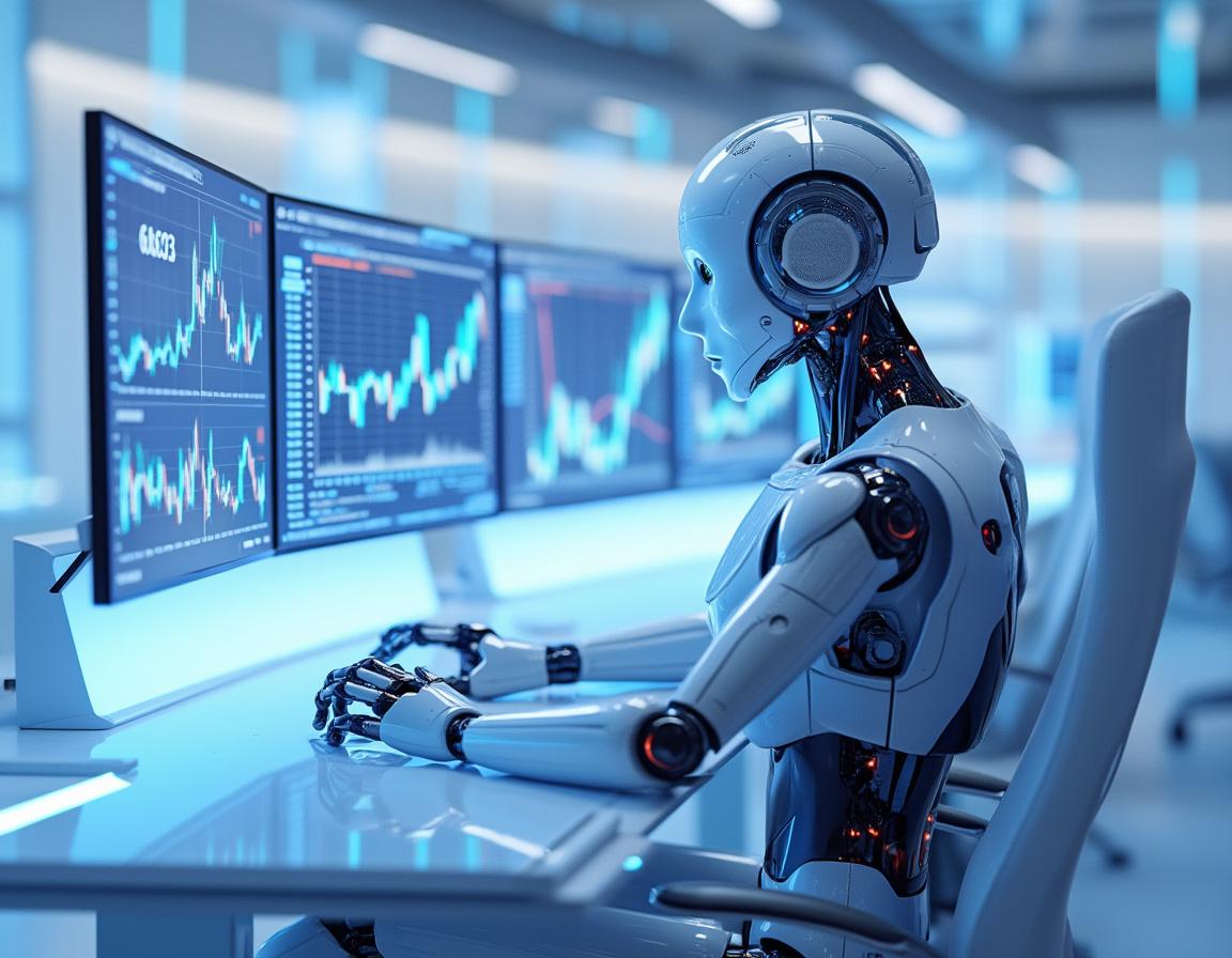 Hyper-realistic AI trading bot at a high-tech workstation, analyzing market data on multiple screens, evoking confidence.