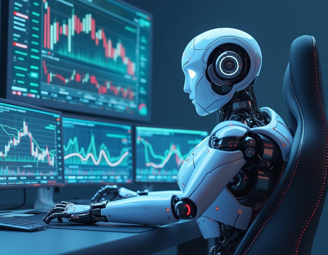 A hyper-realistic AI trading bot at a high-tech workstation analyzing market data across multiple screens.