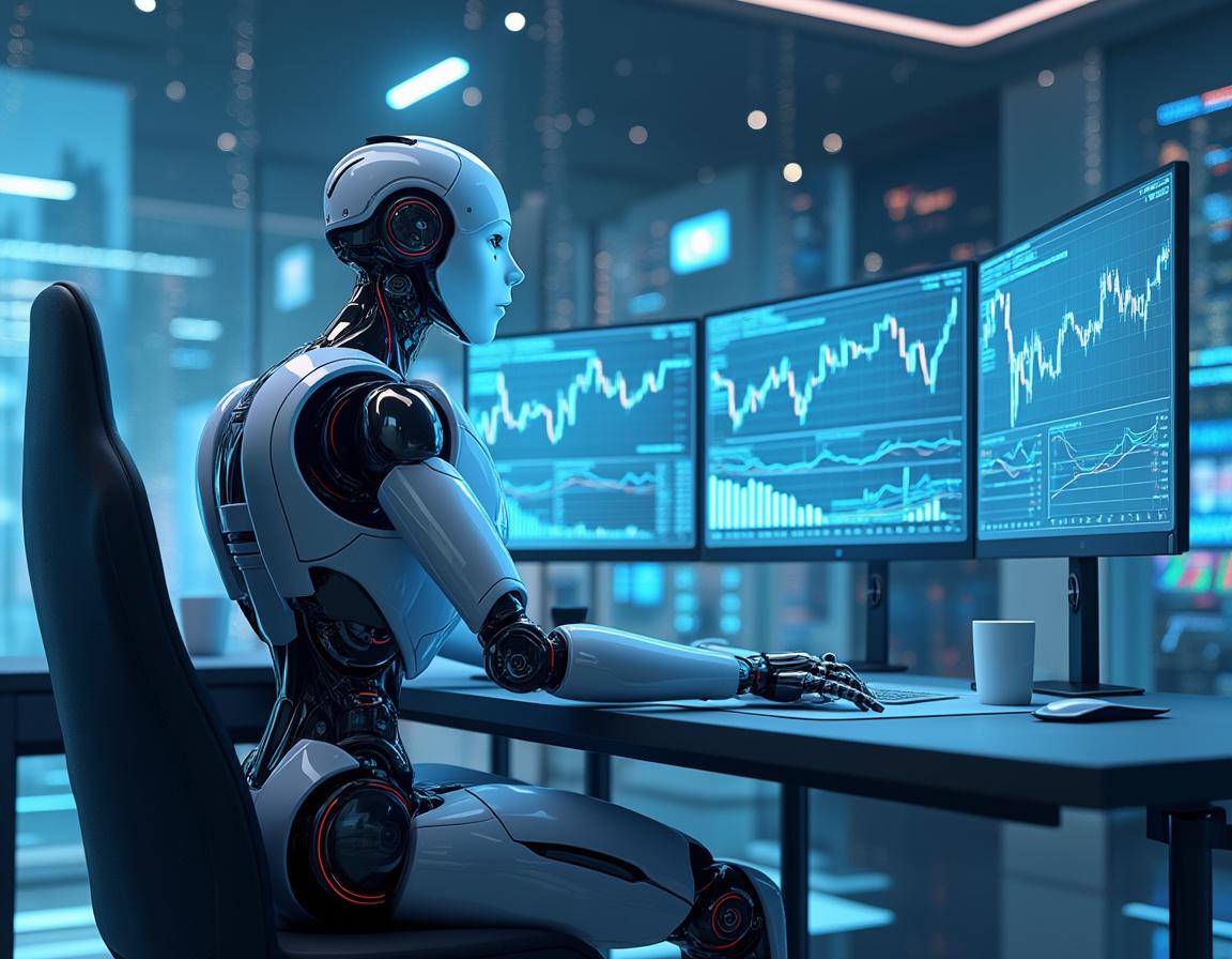 An AI trading bot in a high-tech workspace analyzes market data on multiple screens, showing charts.