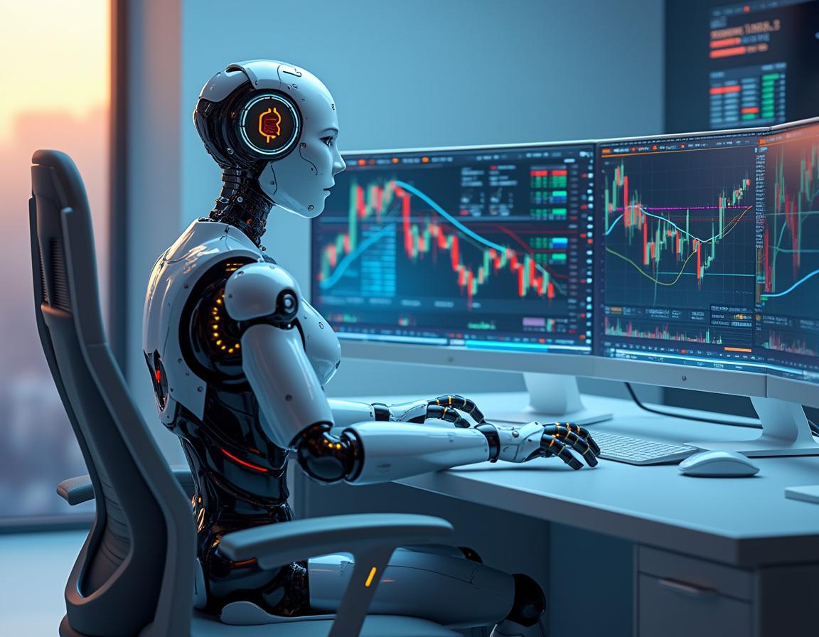 A humanoid AI trading bot at a high-tech workstation, analyzing markets on multiple screens in a futuristic setting.