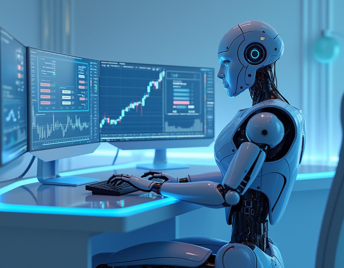 A hyper-realistic AI trading bot analyzes market data in a futuristic financial environment.