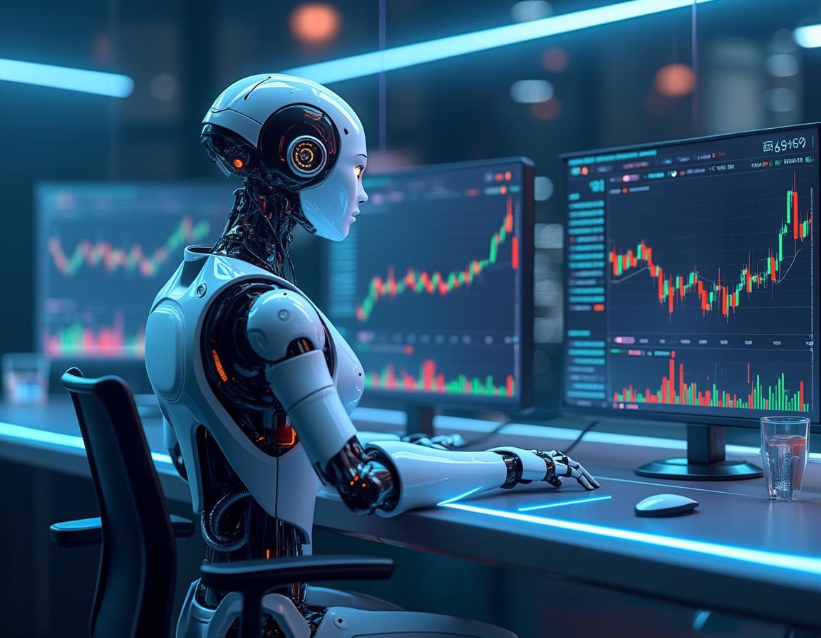 A humanoid AI trading bot at a high-tech workstation analyzing market data on multiple screens.