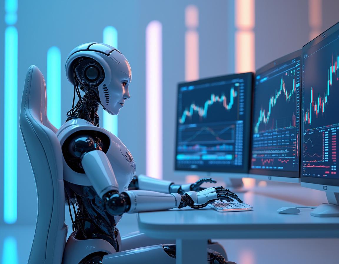 A humanoid AI trading bot analyzes data at a high-tech workstation, screens show market trends and charts.