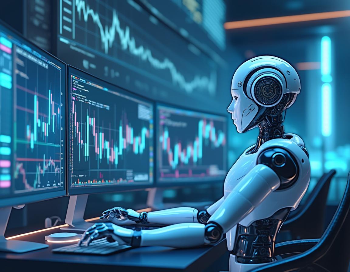 A hyper-realistic AI trading bot in a futuristic space analyzing market data on multiple screens.