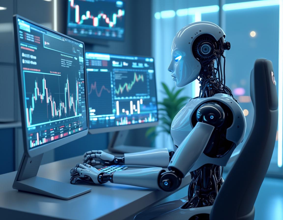 A hyper-realistic AI trading bot analyzing market data at a sleek workstation with multiple screens.