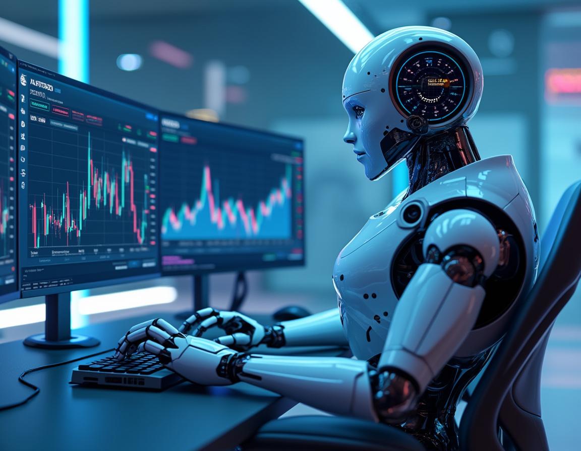 A sleek humanoid AI trading bot at a high-tech workstation, analyzing market data on multiple glowing screens.