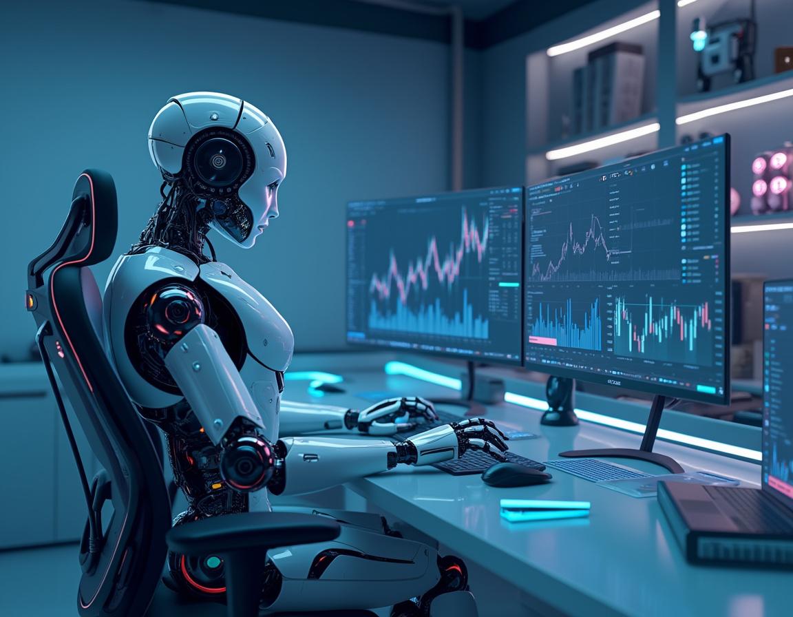 A futuristic humanoid AI trading bot analyzes market data at a sleek workstation surrounded by multiple screens.