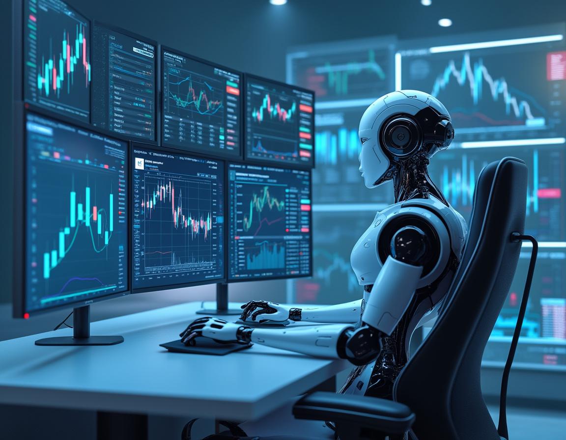 A humanoid AI trading bot at a high-tech desk, analyzing crypto and stock data on multiple screens.