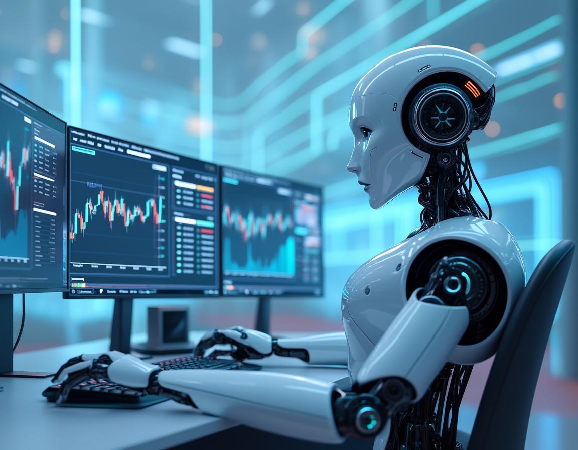 A humanoid AI trading bot analyzes market data at a high-tech workstation with multiple screens.