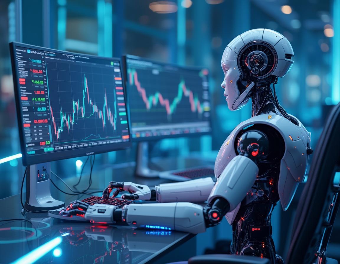 A hyper-realistic AI trading bot at a workstation, analyzing market data with multiple screens.