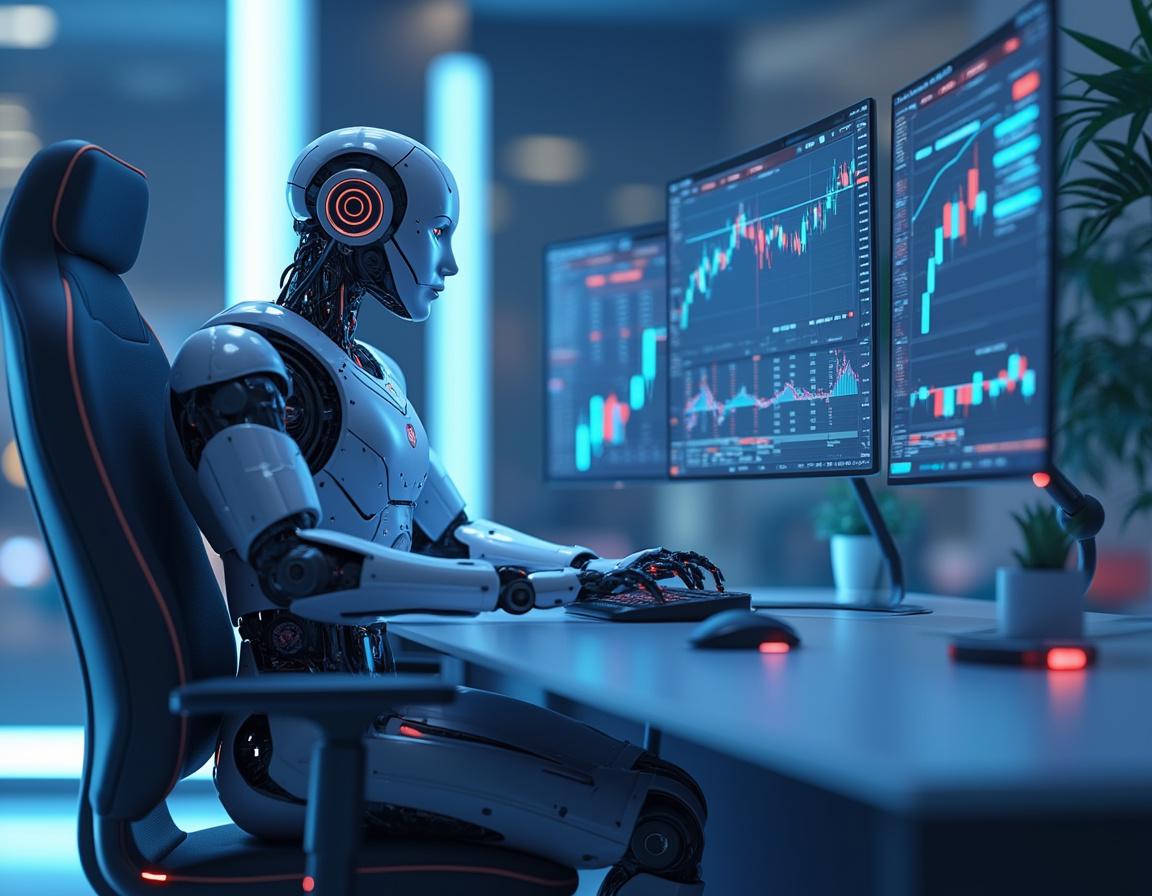 A hyper-realistic AI trading bot in a futuristic environment, analyzing data on multiple screens.