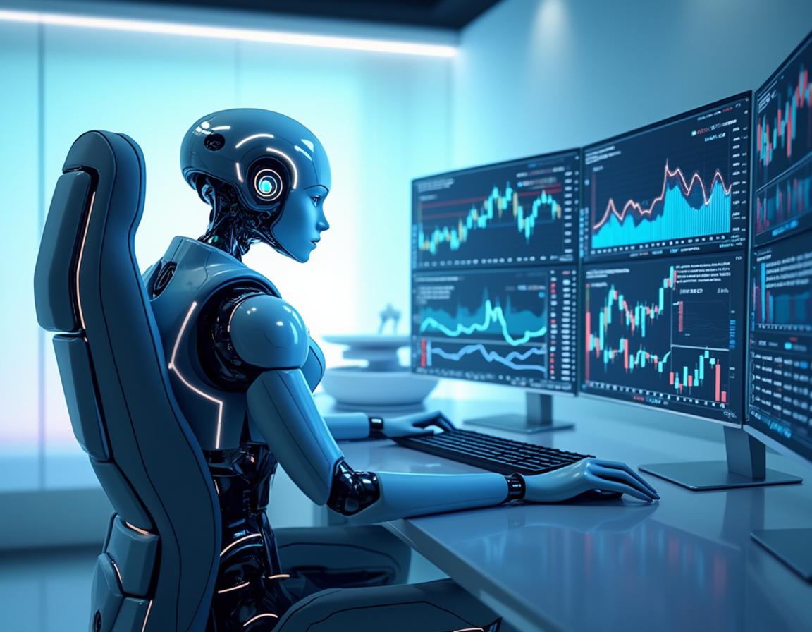 A hyper-realistic AI trading bot at a workstation analyzing market data on multiple screens, set in a futuristic environment.