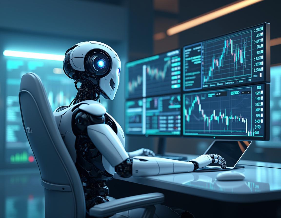 A sleek humanoid AI trading bot at a high-tech workstation analyzing stock and crypto market data.