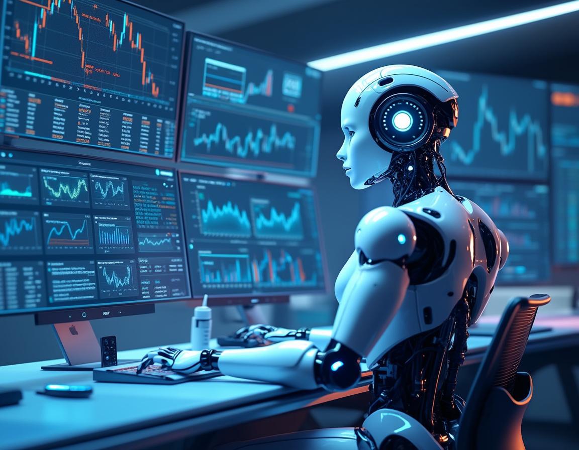 A humanoid AI trading bot analyzes market data at a high-tech workstation with multiple screens.