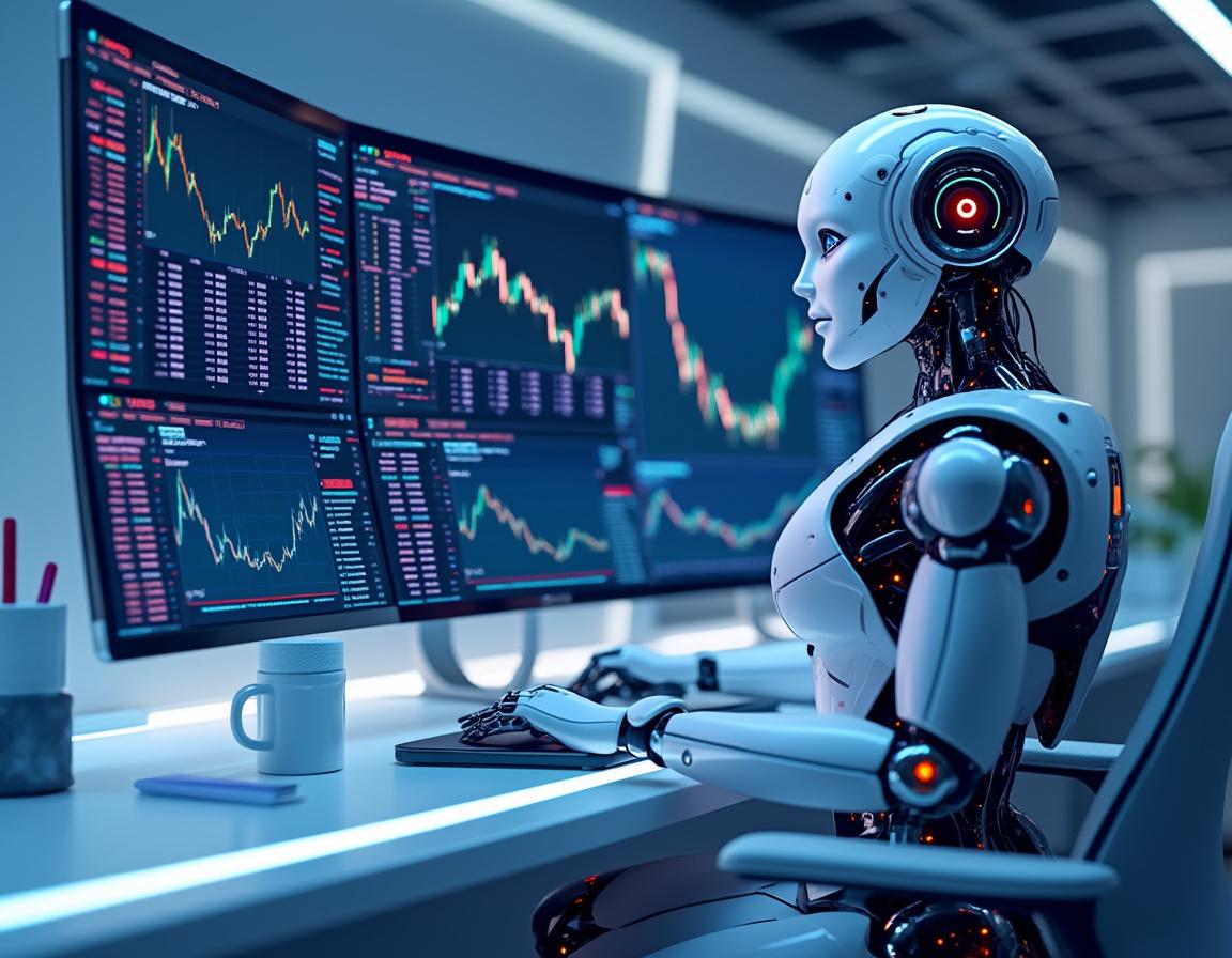 A hyper-realistic AI trading bot in a sleek workstation analyzing market data and executing trades.