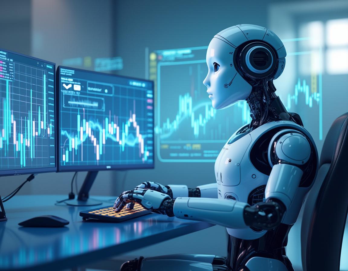 A humanoid AI trading bot in a futuristic finance environment, analyzing data on multiple screens.