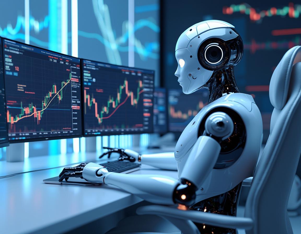A hyper-realistic AI trading bot at a high-tech workstation analyzing market data on multiple screens.
