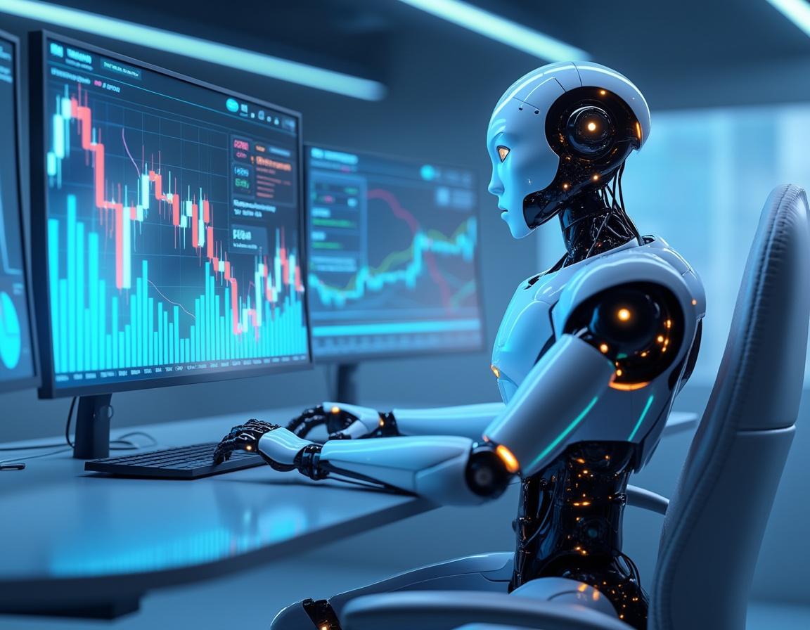 A humanoid AI trading bot at a high-tech workstation analyzing market data on multiple screens.