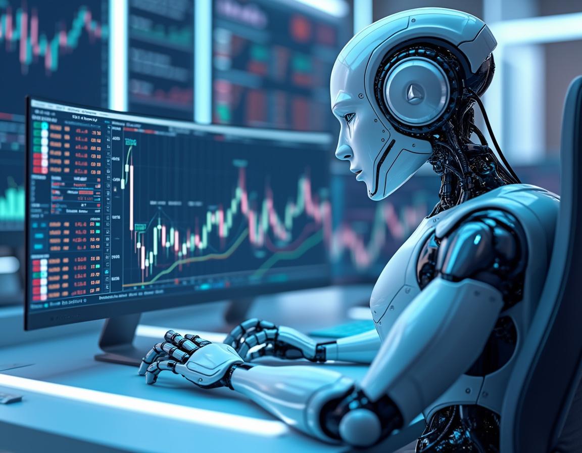 A humanoid AI trading bot analyzes market data at a sleek workstation with multiple finance screens.