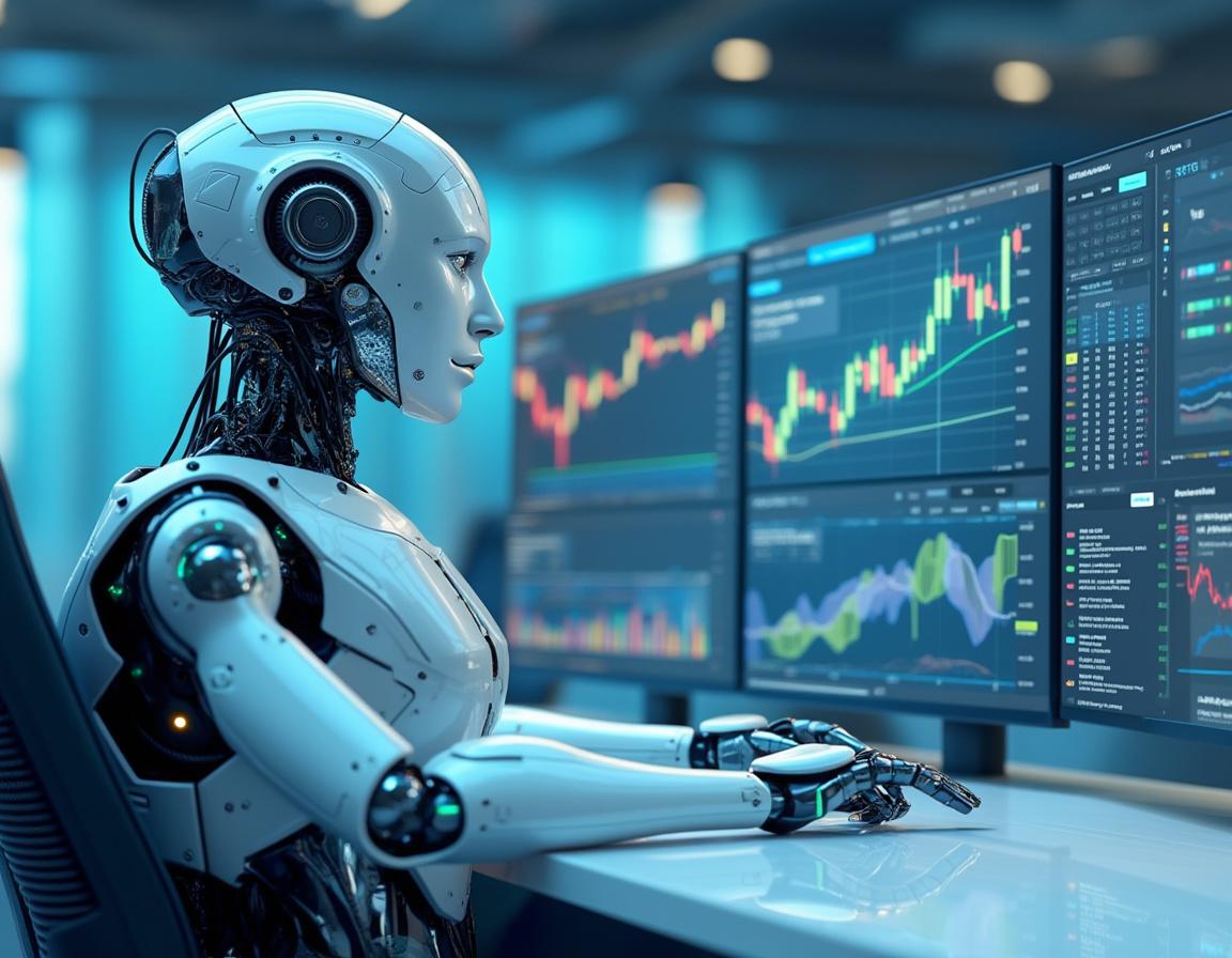 Hyper-realistic AI trading bot at a workstation analyzing market data on multiple screens in a futuristic setting.