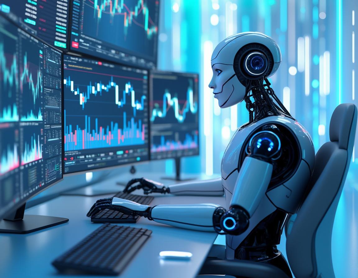 A hyper-realistic AI trading bot at a workstation, analyzing market data on multiple screens in 3D.