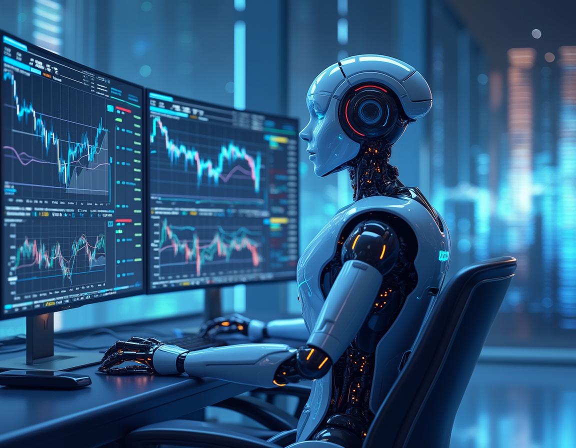 A hyper-realistic AI trading bot analyzes market data at a high-tech workstation with sleek screens.