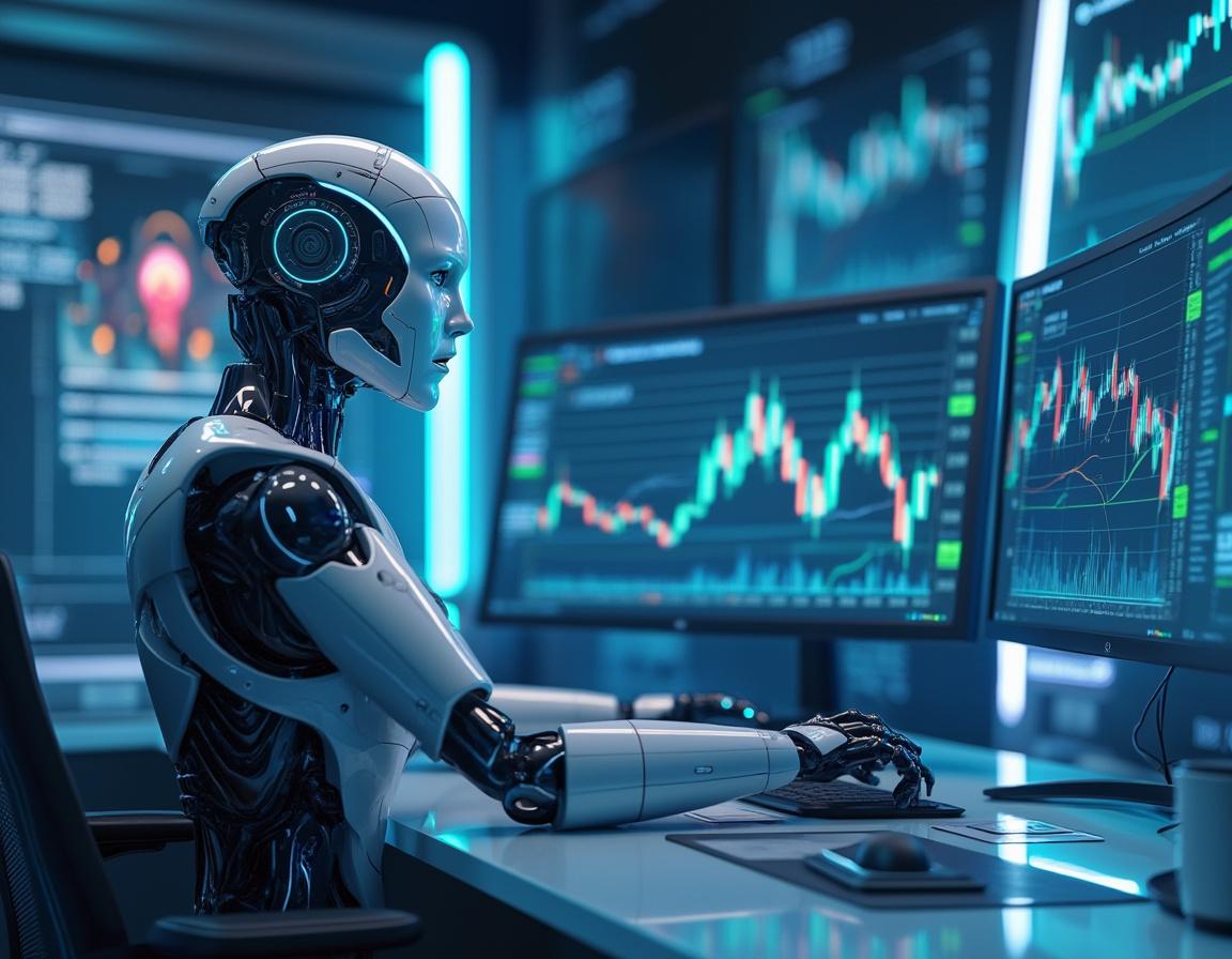 A hyper-realistic AI trading bot analyzes market data at a high-tech workstation with glowing screens.