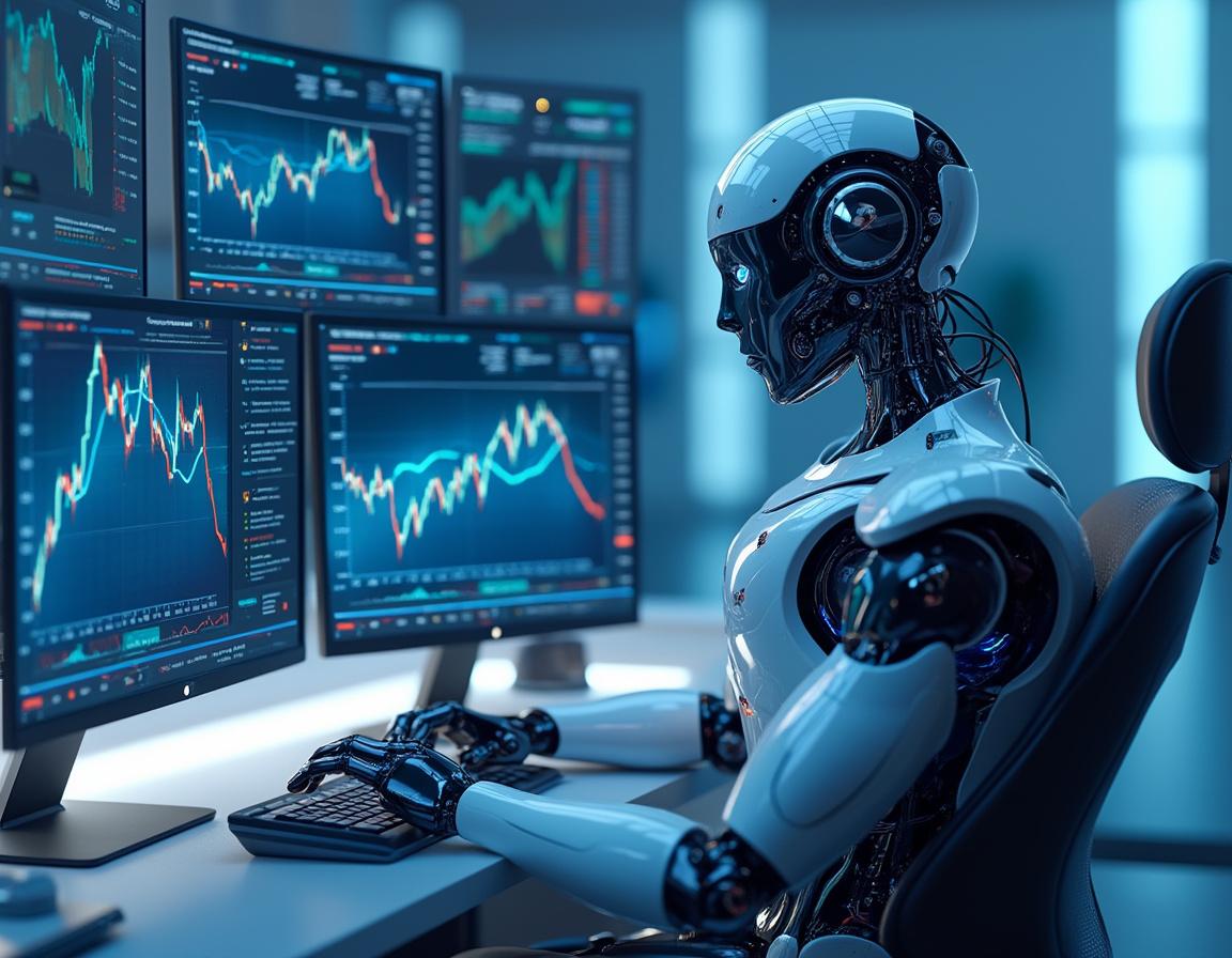 A hyper-realistic AI trading bot analyzes market data on multiple screens in a futuristic setting.