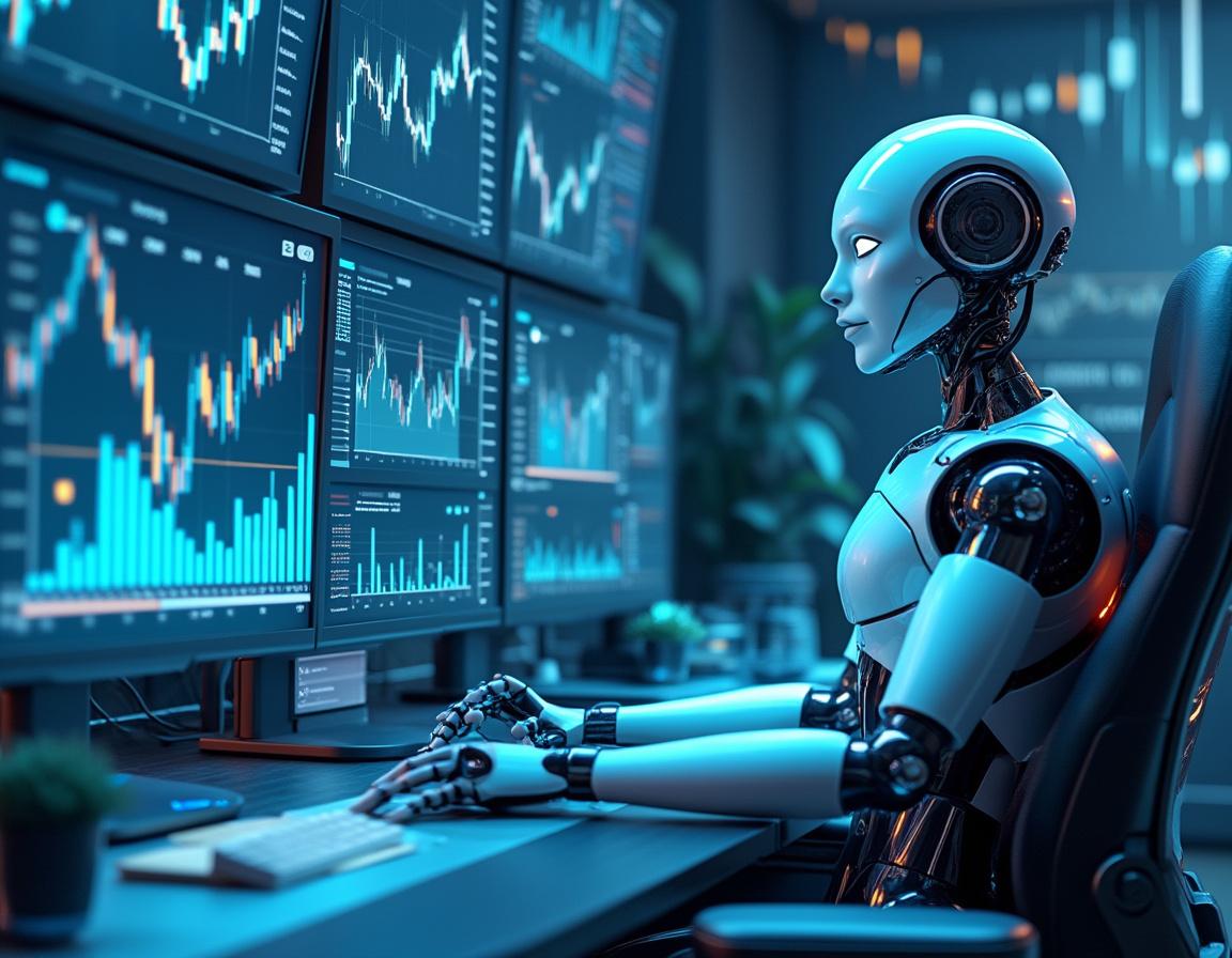 A humanoid AI trading bot at a high-tech workstation, analyzing market data on multiple screens in a futuristic setting.